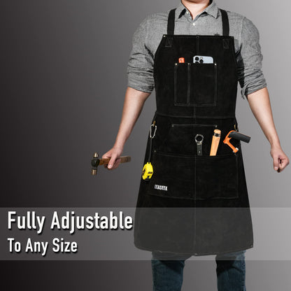 Leather Work Apron with Gloves - 6 Tool Pockets for Men& Women - Welding Apron - Ideal for Woodworking, Blacksmithing, Gardeners, Mechanics, BBQ - Adjustable M to XXXL