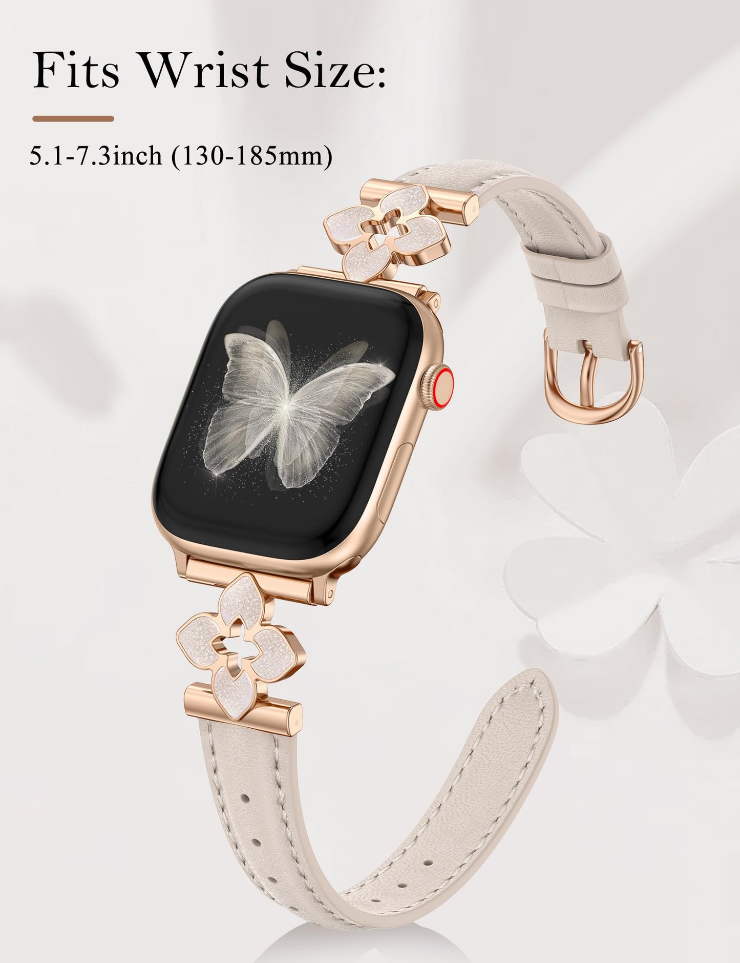 Minyee Compatible with Apple Watch Band 38/40/41/42mm Women, Dressy Chic Premium Soft Leather Strap with Dainty Flower Charm for iWatch Series 11 10 9 8 7 6 5 4 Ultra/SE 3 2 1, Starlight/Rose Gold