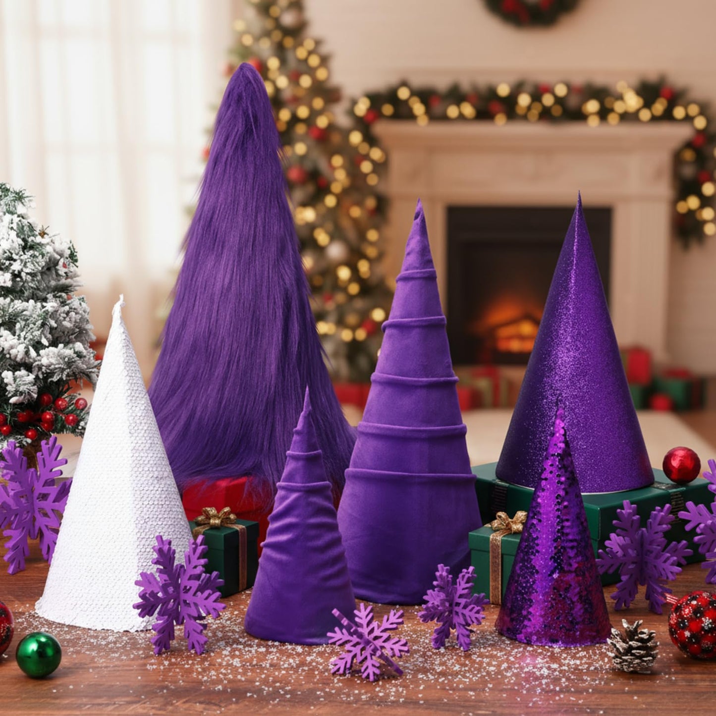 Knitgrip 24 Pcs Large Cone Christmas Trees with Snowflakes Set, 14'' 11'' 8'' Christmas Tree Tabletop Decor & Wooden 3D Snowflake Table Centerpiece for Gifts Winter Home Decorations(Purple)