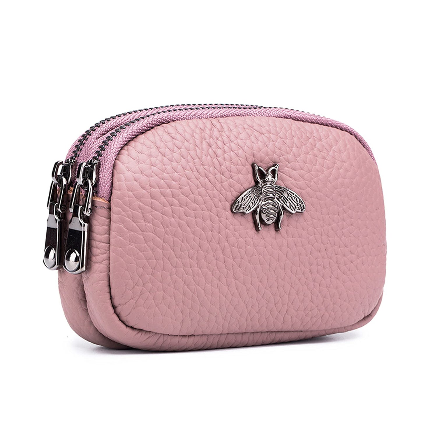 Yocipa Genuine Leather Coin Purse for Women Small Double Zipper Wallet Mini Change Pouch with Bee Charm for Cash Cards Keys Cute Compact Organizer (Pink)