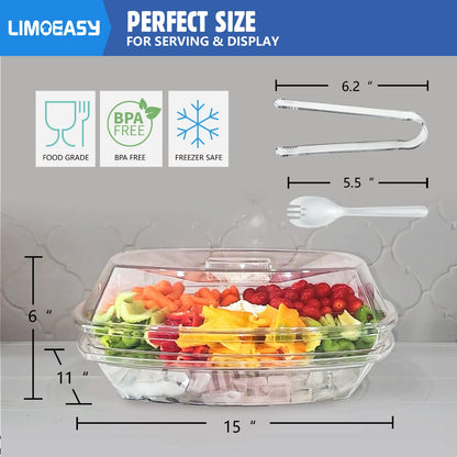 LIMOEASY Chilled Veggie Tray, 15 Inch Clear Party Platter with 4 Compartments, Ice Serving Bowl with Lid, Cold Food Buffet Server for Fruit, Vegetable, Appetizer, Shrimp