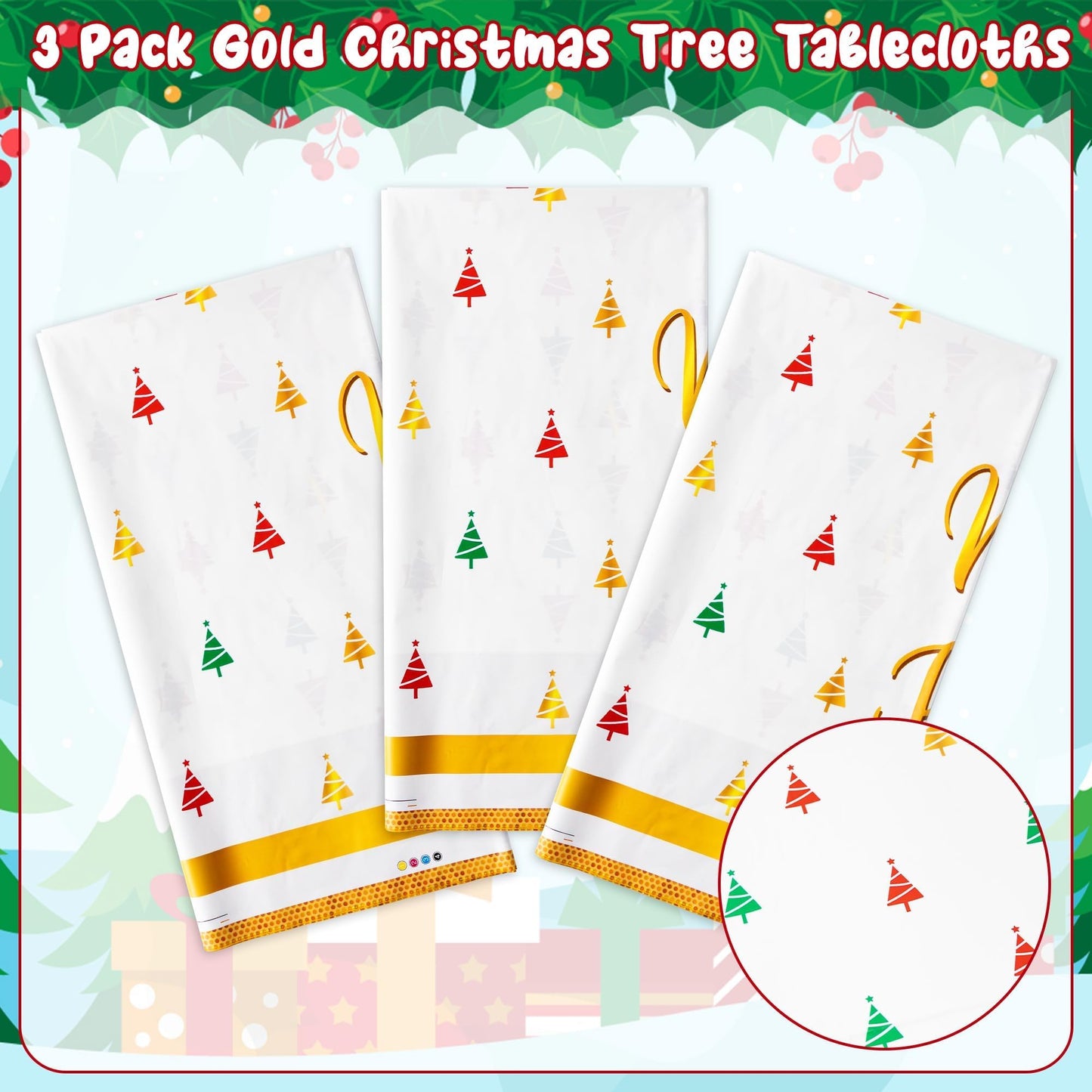 BkeeCten Christmas Winter Waterproof Tablecloths - 3 Packs Gold White Mini Christmas Tree Tablecloths Colorful Waterproof Table Cover Merry Bright Disposable Plastic Tablecloth Xmas Party Table Decor