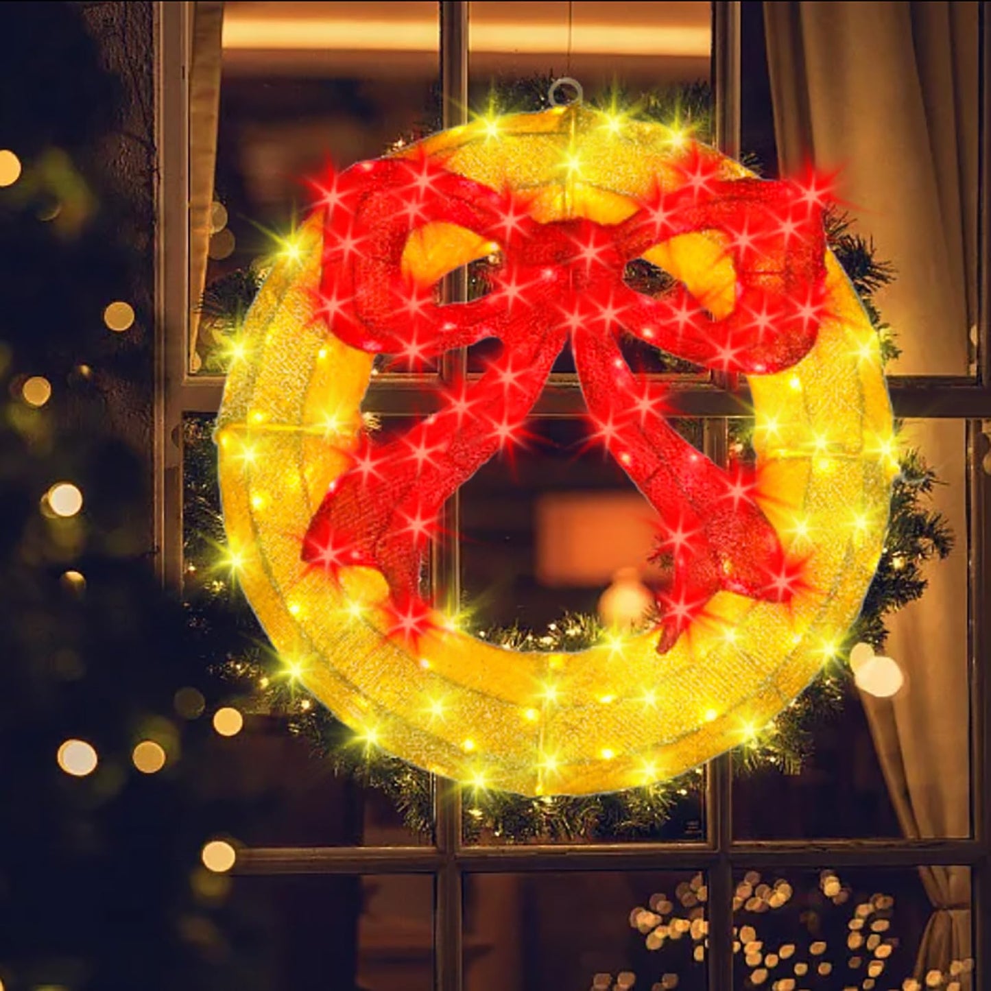 Outdoor Christmas Wreath Decoration - 24" Bright LED Christmas Wreath Lights with Bow, Large Lighted Christmas Wreaths Window Lights for Wall, Windows, Front Door Decor, Red Bow - Gold Wreath
