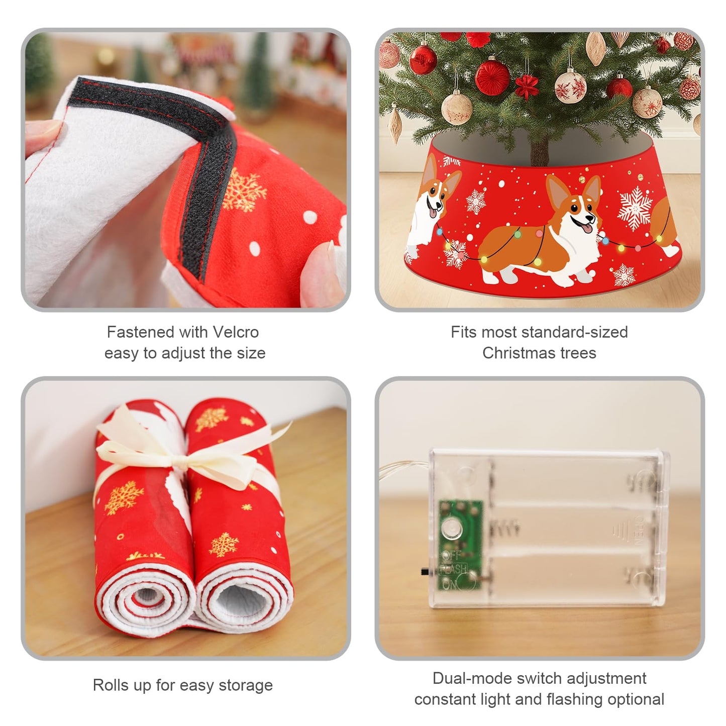 Dog Christmas Tree Collar Corgi Christmas Decor Red Tree Skirt with LED Light Ring Base Cover for Christmas Trees Decoration Holiday Indoor Outdoor