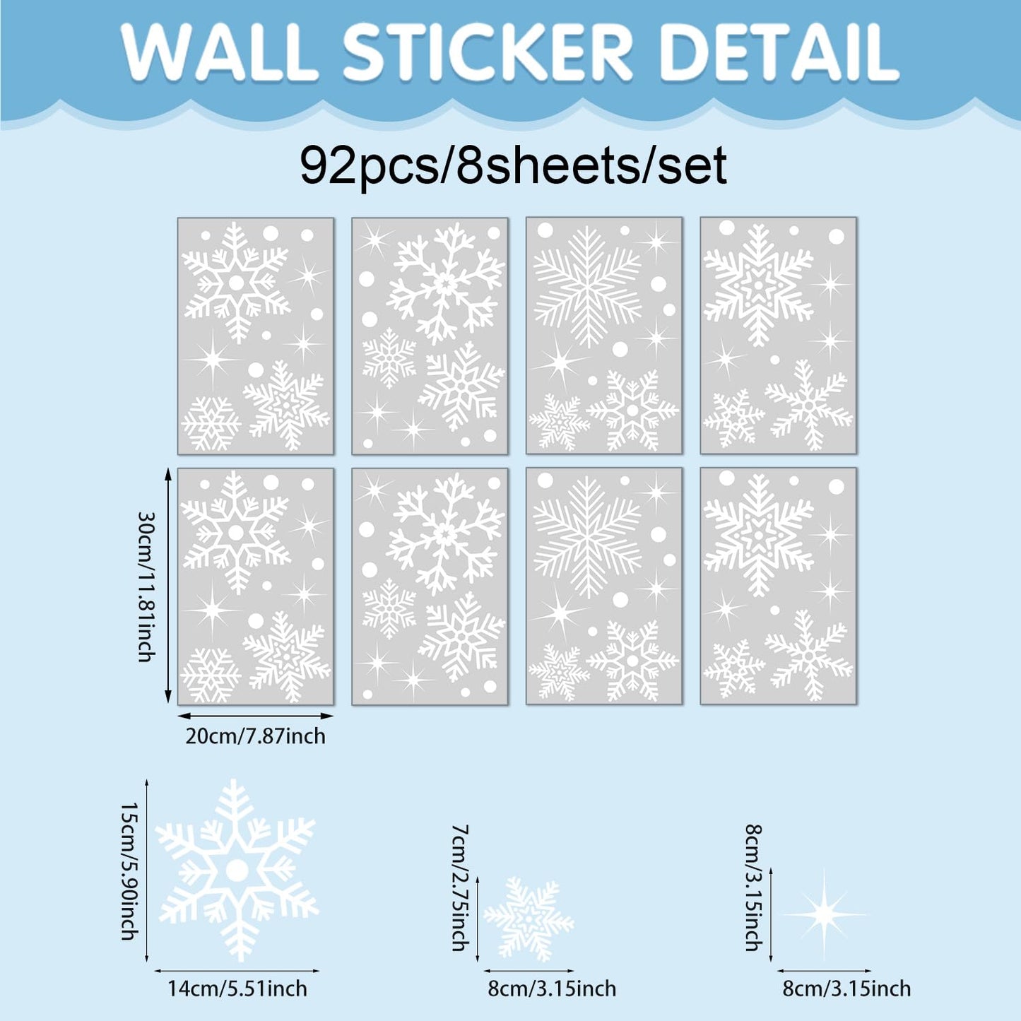 Kasubeso 92Pcs Snowflake Window Clings Decals, Peel and Stick Glitter Christmas Wall Stickers, Removable Winter Xmas Wall Docer for Holiday Party Bedroom Living Room Offices Home Decoration
