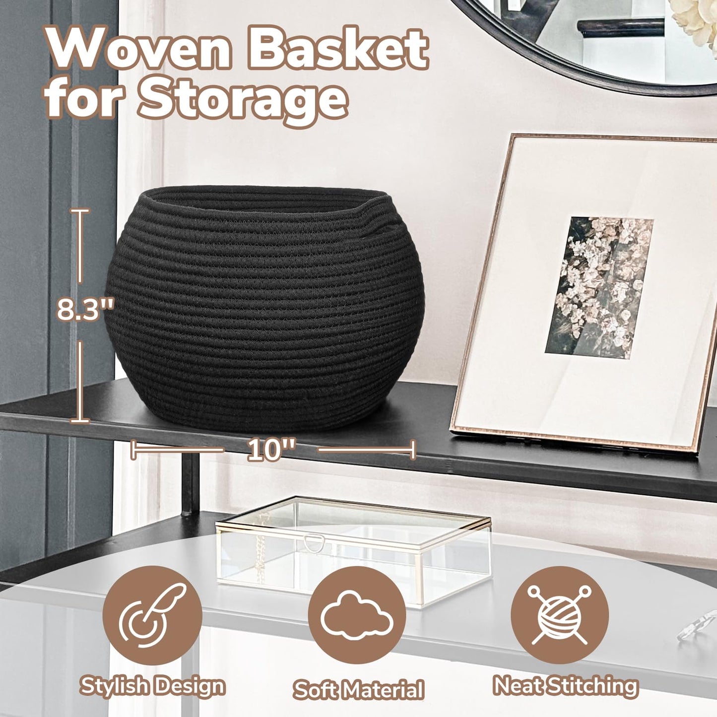 Goodpick Small Rope Storage Basket, Black Round Baskets for Socks, Dog Toys, Towels, Cute Baby Basket for Living Room, Bedroom, Nursery, Towel Baskets for Bathroom, 10 x 8.3 inches