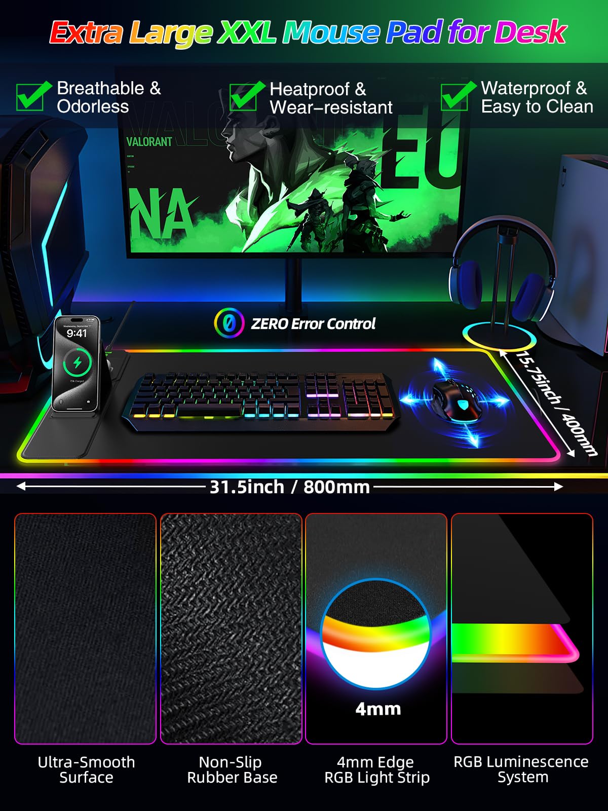 Mouse Pad with Wireless Charger Foldable Phone Holder, XXL RGB Gaming Mousepad 31.5"x15.8" Large Desk Mat for Keyboard, Black Desk Pad with Dual Qi Charging Station, 11 Colors 5 Modes