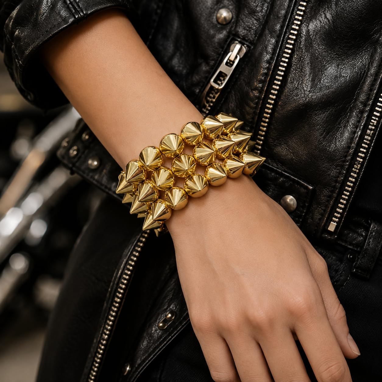 Embtrem Gold Studded Spike Bracelet for Women, Punk Bracelets Wide Stretch Cuff, Gothic Studded Bracelet, Y2K Statement Street Style Jewelry for Festival Party Outfit