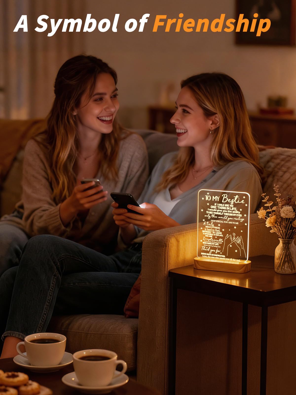 to My Bestie Gifts, Best Friend Gift for Women 3D Illusion Lamp, I Love You Friends Night Light for BFF Christmas White Elephant Gifts, Soft Warm Color Wooden Table Lamp