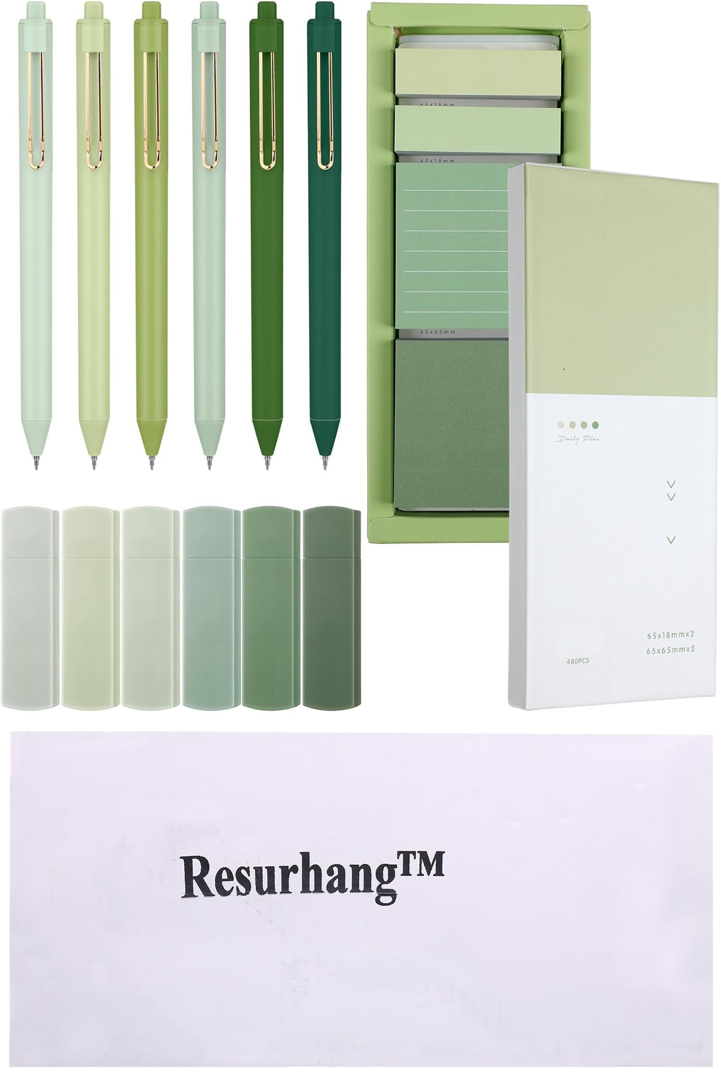 Resurhang Aesthetic Stationery Set Supplies Sticky Notes Set 6 Mini Correction Tapes 6 Retractable Black Ink Pens 0.5mm Fine Point Paper Corrective Pen Self Stick Index Tabs(Green)