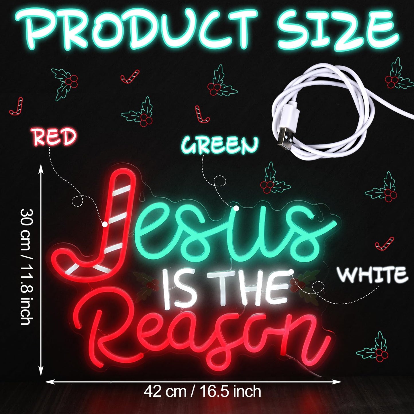 Huquary Jesus Is the Reason Neon Sign Christmas LED Sign Lighted Wall Art Decoration Neon Light USB Powered for Ceremony Party Bar Home Birthday Bible Church Decor Gift(Classic)