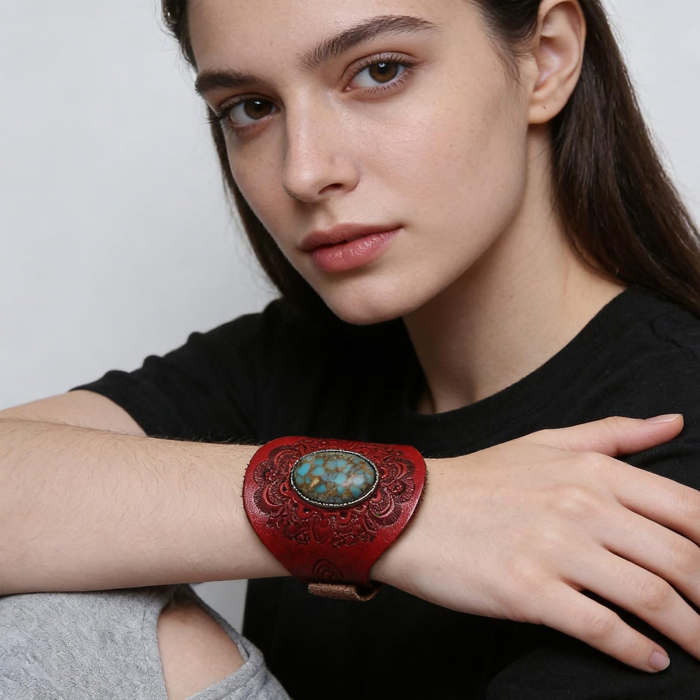 HZMAN Vintage Turquoise Leather Bracelet, Adjustable Punk Sunflower Cuff Bracelet for Men Women