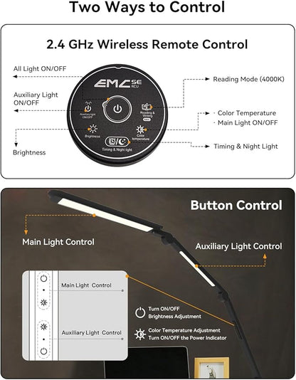 LED Desk Lamp with Clamp, Architect Desk Lamp with Remote, Flexible Swing Arm Desk Light with Dual LED Light, Stepless Dimming, 5 Color Mode & 4 Brightness for Sewing Painting Drafting Crafting