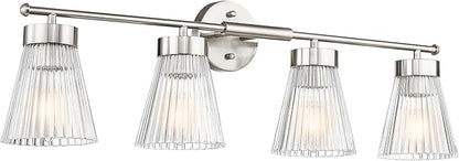4-Light Bathroom Vanity Light Fixtures, HWH Brushed Nickel Bathroom Vanity Lighting Modern Vanity Light Over Mirror with Clear Striped Glass Shade, 5HZG97B-4W BN