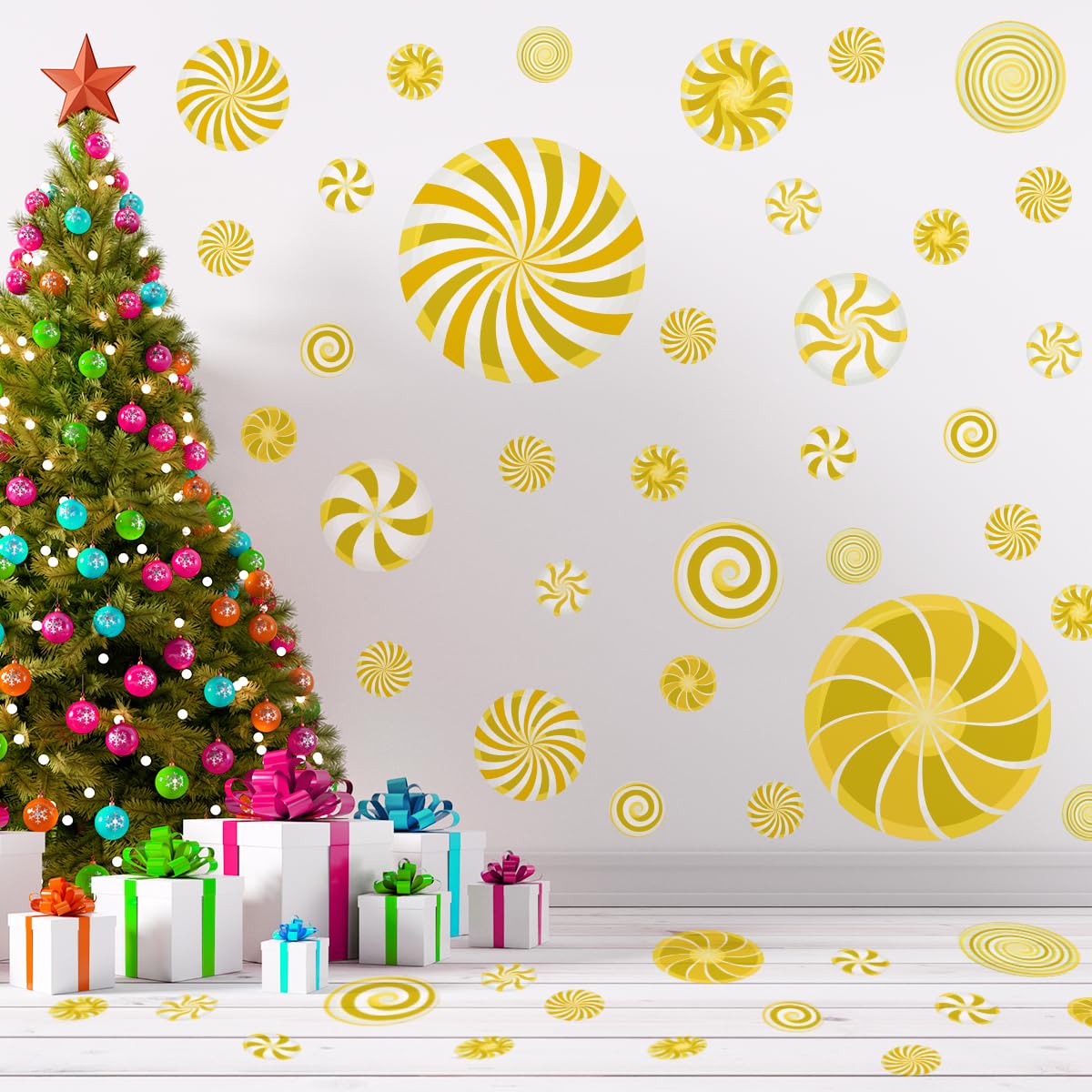 77 Pcs Christmas Candy Wall Decals Decorations Christmas Wall Stickers Gold Peppermint Candy Floor Decals for Xmas Candyland Party Decorations