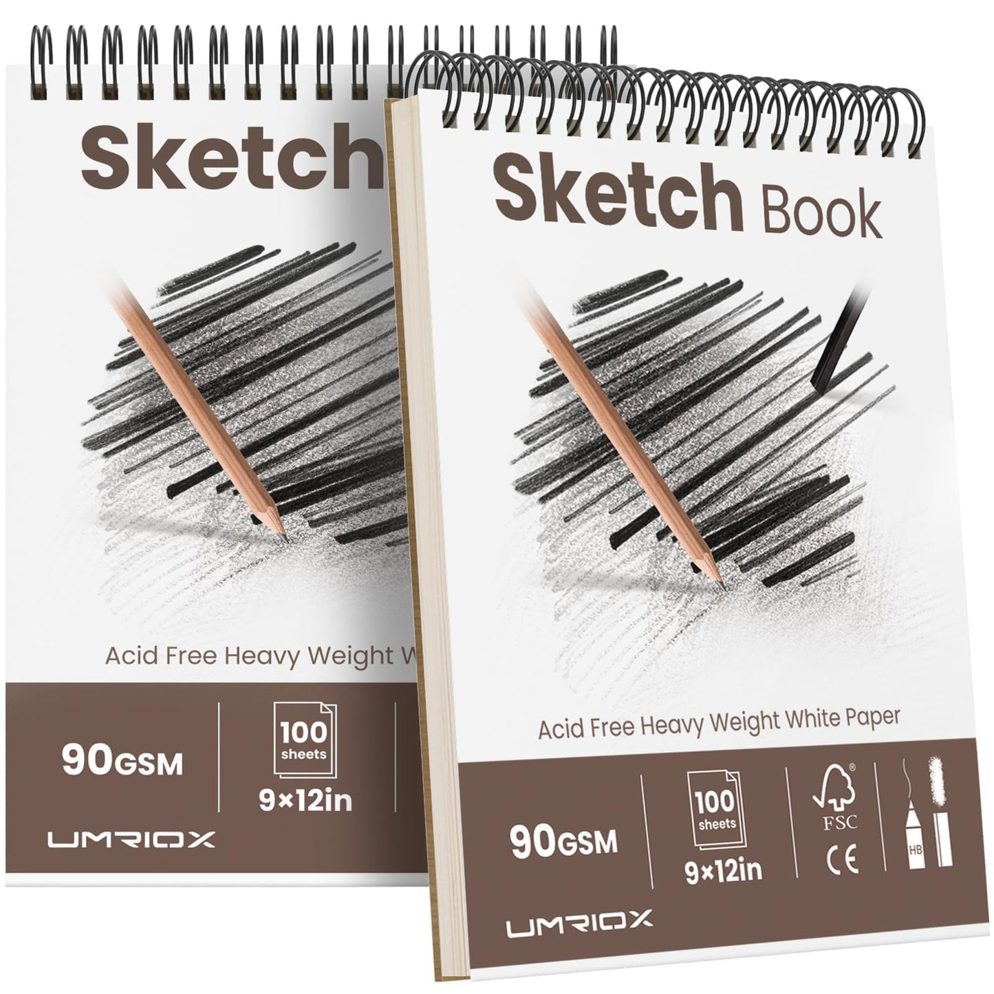 Umriox 9" x 12" Sketch Book, 2-Pack Sketch Pad (100 Sheets Each), Top Spiral Bound Sketchbook, Acid-Free Drawing Paper, Art Drawing Pad for Artists, Students and Designers