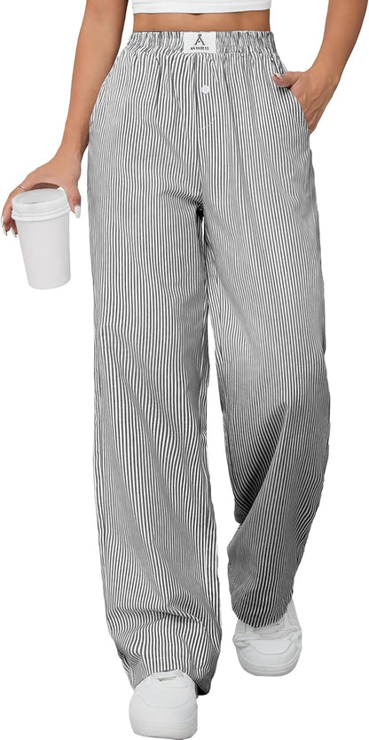 ANRABESS Womens Striped Gingham Pants 2025 Pajama Lounge Boxer Pants Cute Comfy PJ Bottoms with Pockets Y2K Plaid Outfits