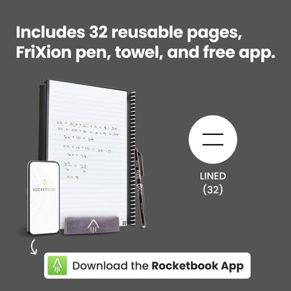 Rocketbook Core Reusable Spiral Notebook, Letter Size 8.5x11, Black - Lined Pages, App-Connected, Erasable, Durable Cover, Ideal for School, Work, and Creative Projects