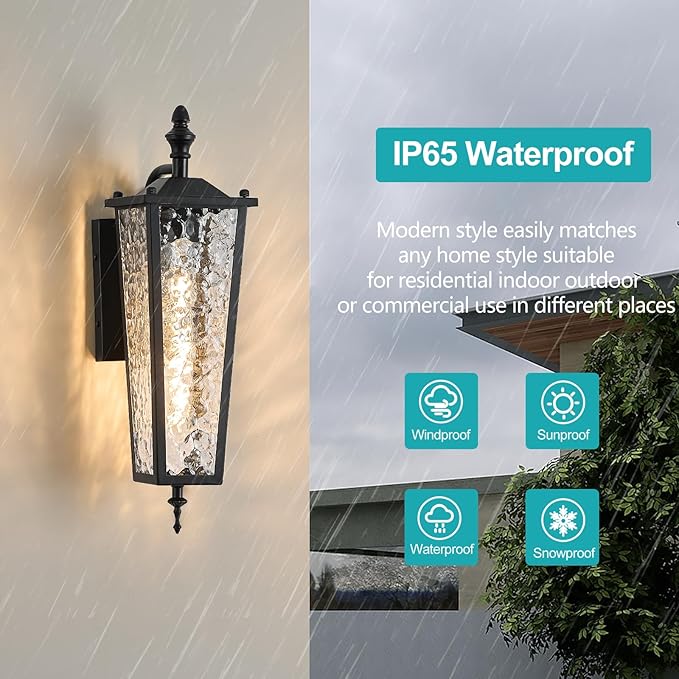 Outdoor Wall Light,Black E26 Base 16.7in - Exterior Waterproof Lantern Metal with Clear Glass,Farmhouse Porch Sconce Wall Mount Lighting,for Garage,Patio,Front Door,Entryway