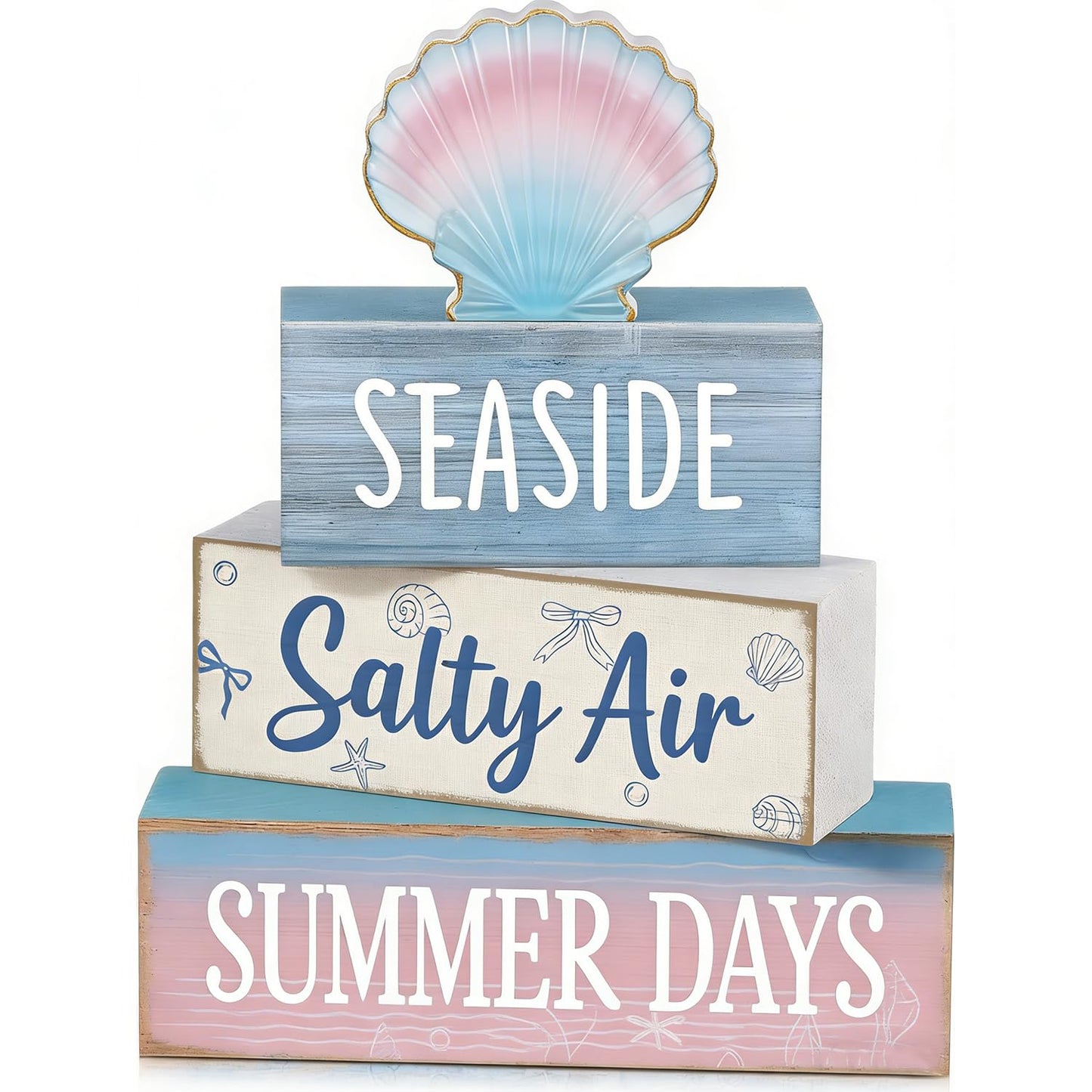 4 Pcs Seaside Beach Tiered Tray Decor Rustic Wooden Nautical Centerpiece with Salty Air Summer Days Sign Farmhouse Coastal Room Decor Summer Tiered Tray Decor