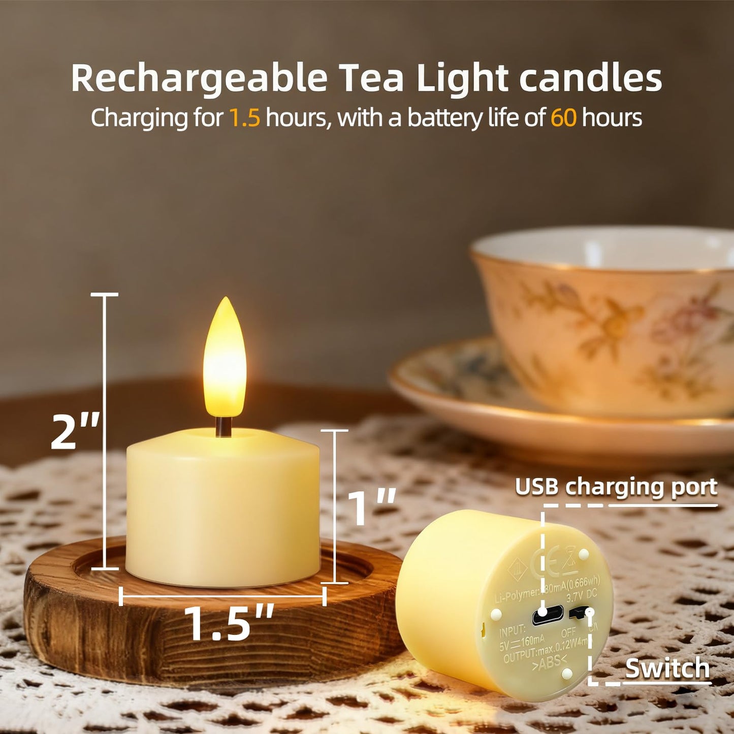 Utwickeln Rechargeable Flameless Candles (6-Pack, 1.5"×2" Each), 60H+ Runtime, Real Flame Effect, Battery-Free LED Pillar Candles for Soccer Watch Party, Home Decor, Wedding, Gift