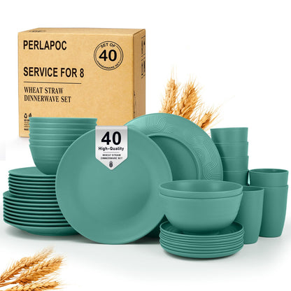 Wheat Straw Dinnerware Set 40-Piece Service for 8 Unbreakable Dishes Set Plates and Bowls Sets Drinking Glasses Microwave Safe Dish Set Lightweight Dinnerware Set for Home & Kitchen - Yellow