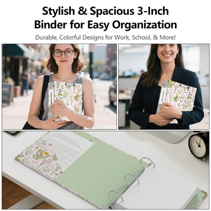 3 Ring Binder 3 Inch, Cute Round Ring Binders with 6 Tab Dividers, Labels Stickers, Low Profile Clipboard with Storage, Fashion Binder School Office Supplies(Wild Flowers)