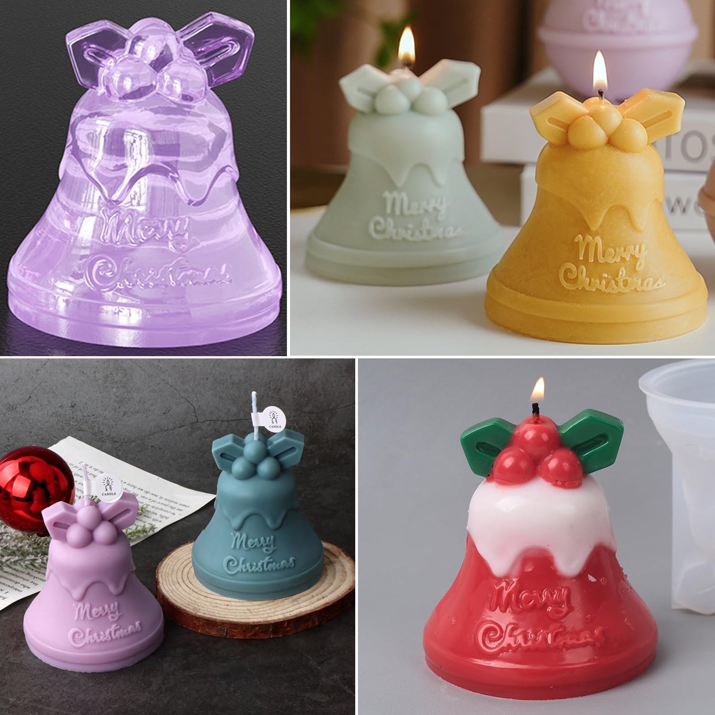 Wehous 2PCS Christmas Bell Silicone Molds for Resin Candle Soap Making, 3D Bell Candle Molds for Candle Making, Christmas Ornament Keychain Pendant Wall Hanging Car Freshie Art Craft Mold Kit Decor