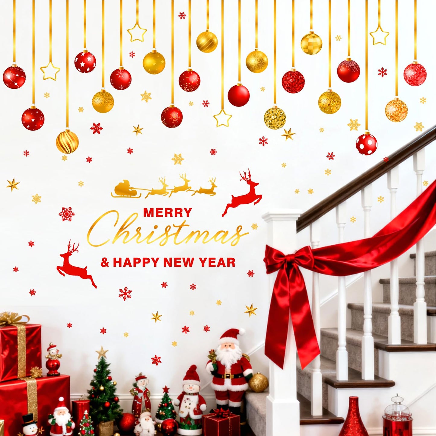 Christmas Bell Wall Stickers Large Ornament Wall Decals Peel and Stick Merry Christmas New Year Wall Decals Clings Holiday Red Gold Snowflake Hanging Bells Window Sticekrs Xmas Party Decoration