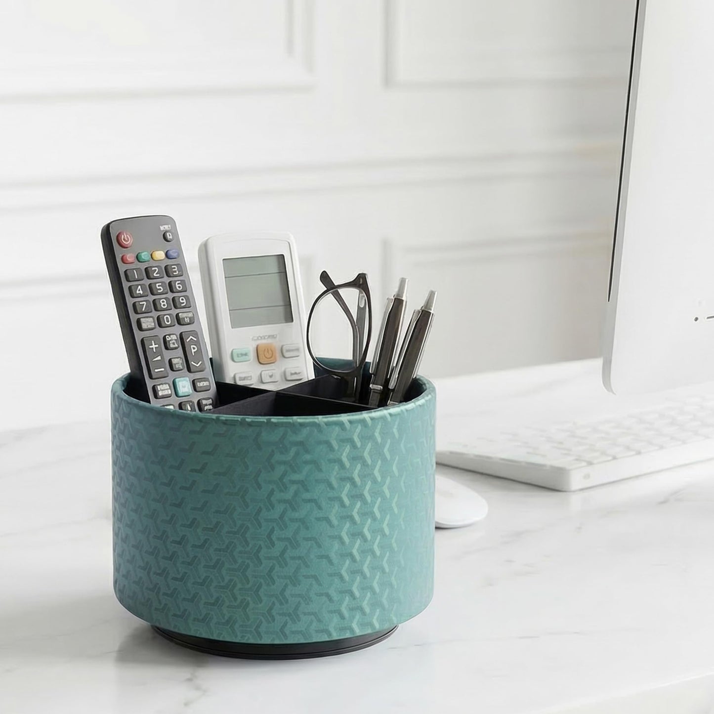 QIELIZI Round Leather Art Supply Organizer,Remote Control Holder,360 Degree Rotating,Multi-Functional Pencil Holder,4 Compartments Desktop Stationary Organizer(1-Triangle Green)