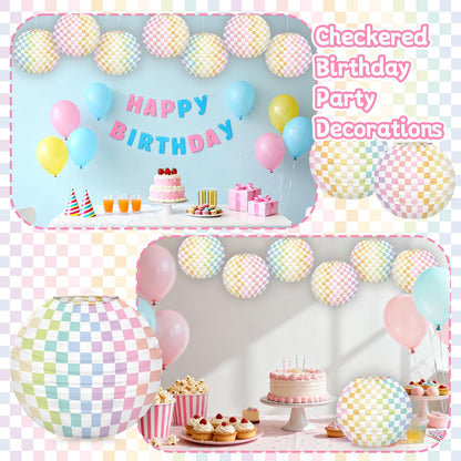 6pcs Pastel Checkered Paper Lanterns Party Decoration, 8inch Pink Gingham Ruond Hanging Lanterns Party Decor for Home Yard Ceiling Classroom Wedding Engagement Birthday Christmas Supplies