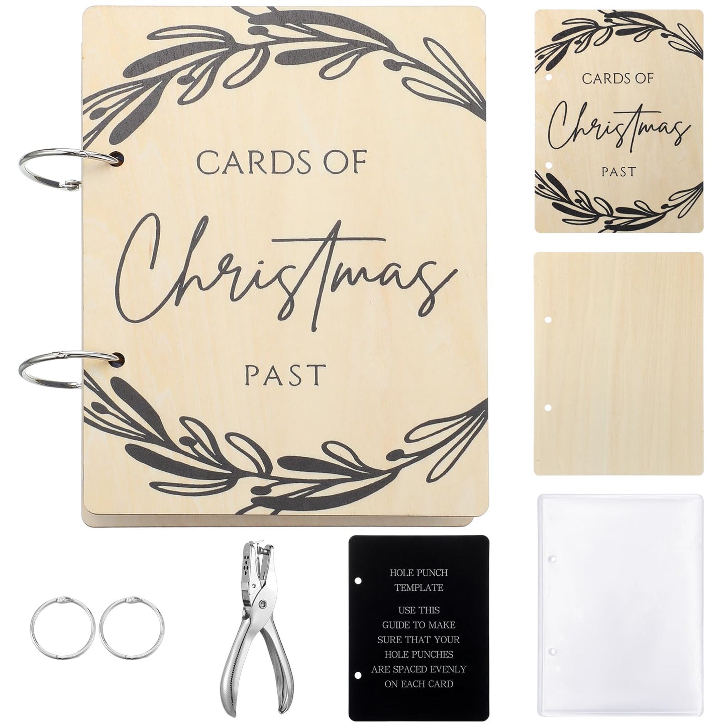 Hoolerry Christmas Wood Card Organizer Set Christmas Card Holder Include a 6 x 8 Cards Organizer a Hole Punch a Print Template 20 Protectors for Holiday Greeting Storage Gift (Classic)