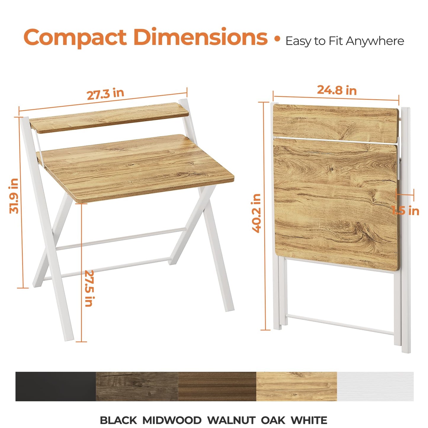 GreenForest Portable Small Desk No Assembly, 2-Tier Compact Computer Desk with Shelf, Space Saving Foldable Table for Home Office, Bedroom or Apartment, Portable Collapsible Sturdy Laptop Desk, Oak
