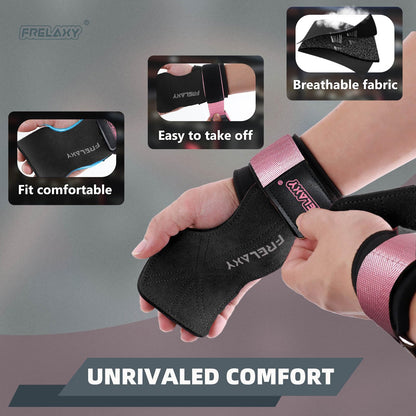 Frelaxy Lifting Wrist Straps Women and Men, Weight Lifting Grips with Cushion Wrist Loop, Double Layer Leather and Storage Pouch, Gym Workout Straps for Deadlift and Powerlifting
