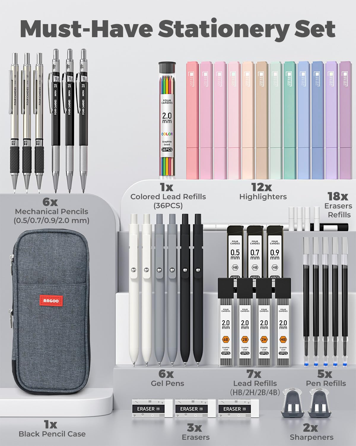 Four Candies 45 PCS School Supplies with Pen Case, 12 Pastel Highlighters, 6 Black Ink Gel Pens, 6 Mechanical Pencils Set for Students Stationary College Essentials (Black)