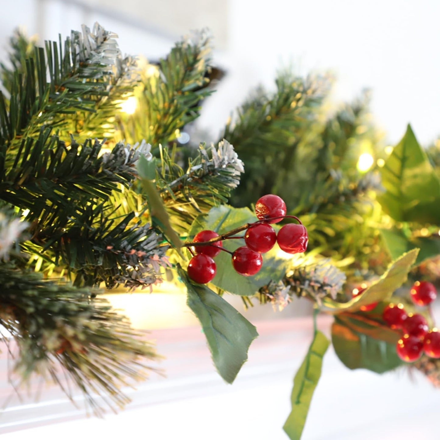 HipTree 9ft Christmas Garland with Lights,Lighted Artificial Flowering Pine Garland for Mantle,Prelit Faux Green Christmas Winter Garland with Pine Cones and Red Berry for Indoor Outdoor Decor