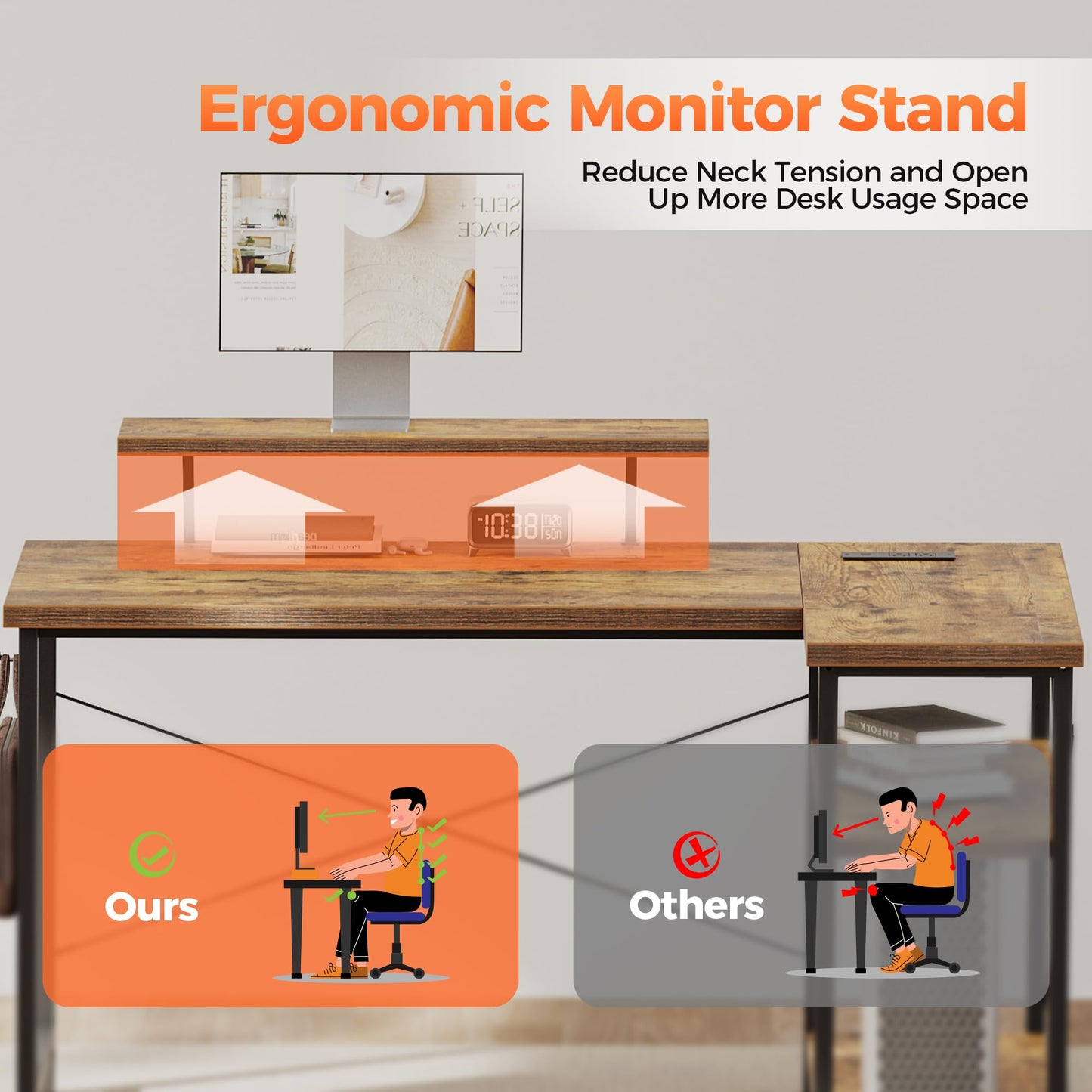 Mericonia Small L Shaped Computer Desk with Power Outlets, Reversible Gaming Desk with Storage Shelves & Monitor Stand, Corner Gamer Desk Table, Study Writing Table