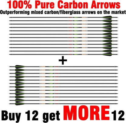 Sanlida 100% Pure Carbon Hunting Arrows - Olympic-Grade 10 Spine Deflection | 0.001" Straightness, 12/24 Pack