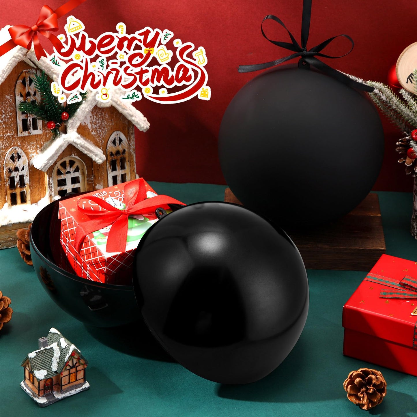 Zubebe 2 Pcs 8" Giant Fillable Christmas Ornaments with Ribbons Oversized Plastic Xmas Balls for Outdoor Lawn Yard Decor, Tree Hanging, Holiday Gifts(Matte Black, Shiny Black)