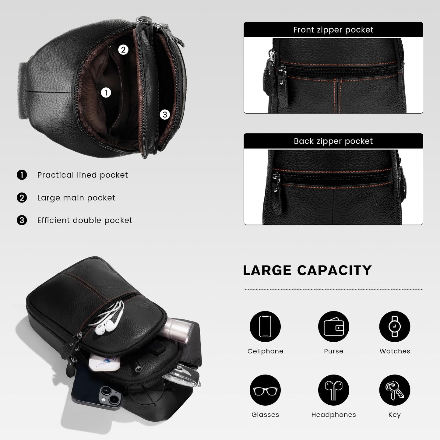 molshine Genuine Leather Sling Crossbody Bag,Fashion Chest,Casual Shoulder Bag for Men Women Work Travel Cycling HB024 (Black)
