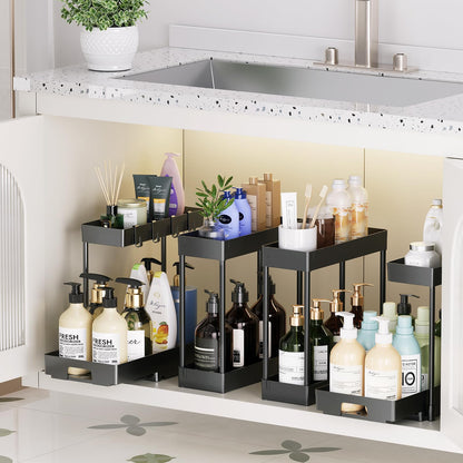 Delamu 2 Pack Under Sink Organizers and Storage, 2 Tier Pull Out Bathroom Cabinet Organizer, L-Shape Black Under Bathroom Kitchen Sink Organizer with Drawer for Under Sink Storage Organizer