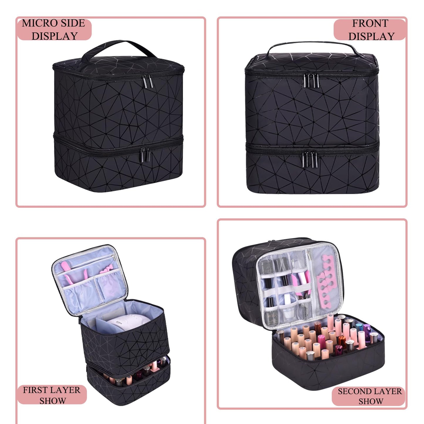 RZMAYIS PU Leather Nail Polish Organizer, Double Layer Nail Polish Storage Holds 30 Bottles (15ml/0.5fl.oz) & Nail Lamp, Portable Nail Bag Organizer Case for Nail Tech Travel & Manicure Kit