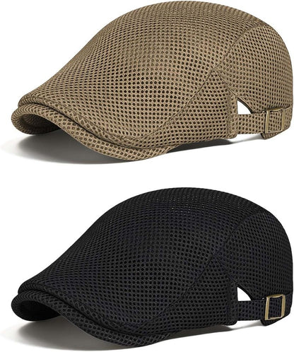 Men's Flat Caps - Adjustable Breathable Mesh Newsboy Beret | 2-Pack Irish Cabbie Hats