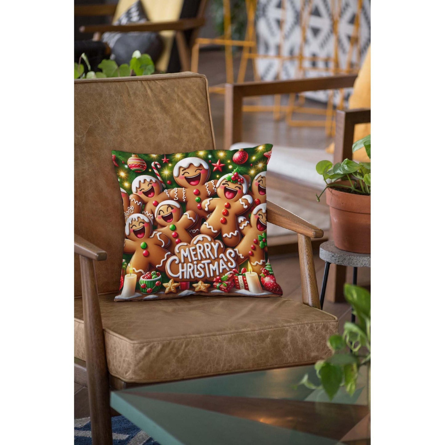 Jiaopenyou Throw Pillow Cover 20x20 Inch,Gingerbread Men Dancing Merry Christmas Decorated with Icing Candies Christmas Tree Throw Pillow Case,Home Decor Cushion Covers for Sofa Living Room Couch Bed