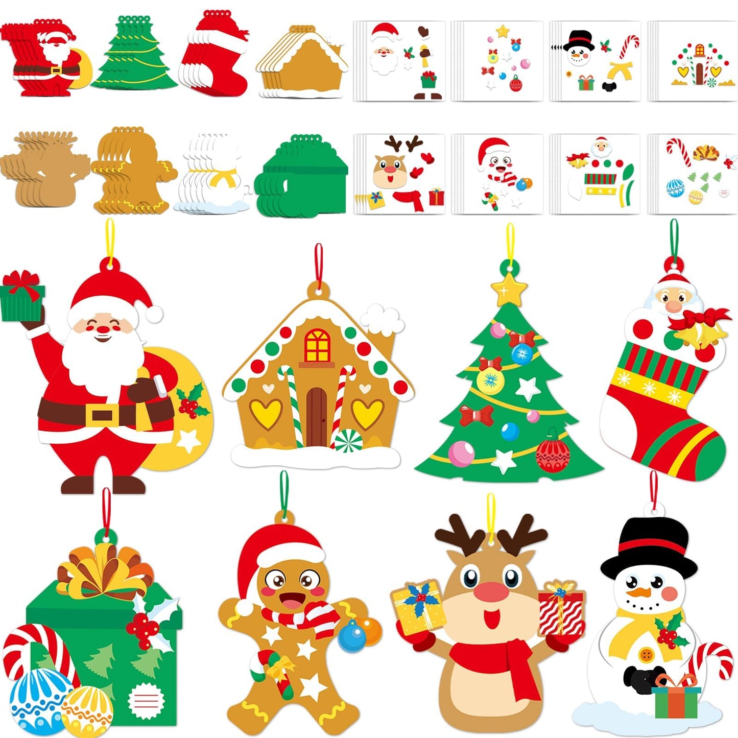 Qyeahkj 64 Sets Christmas Craft Kit for Christmas DIY Art Ornaments Bulks, Make Your Own Santa Claus Tree Gingerbread House Reindeer Christmas Holiday Party Game Activity Supplies