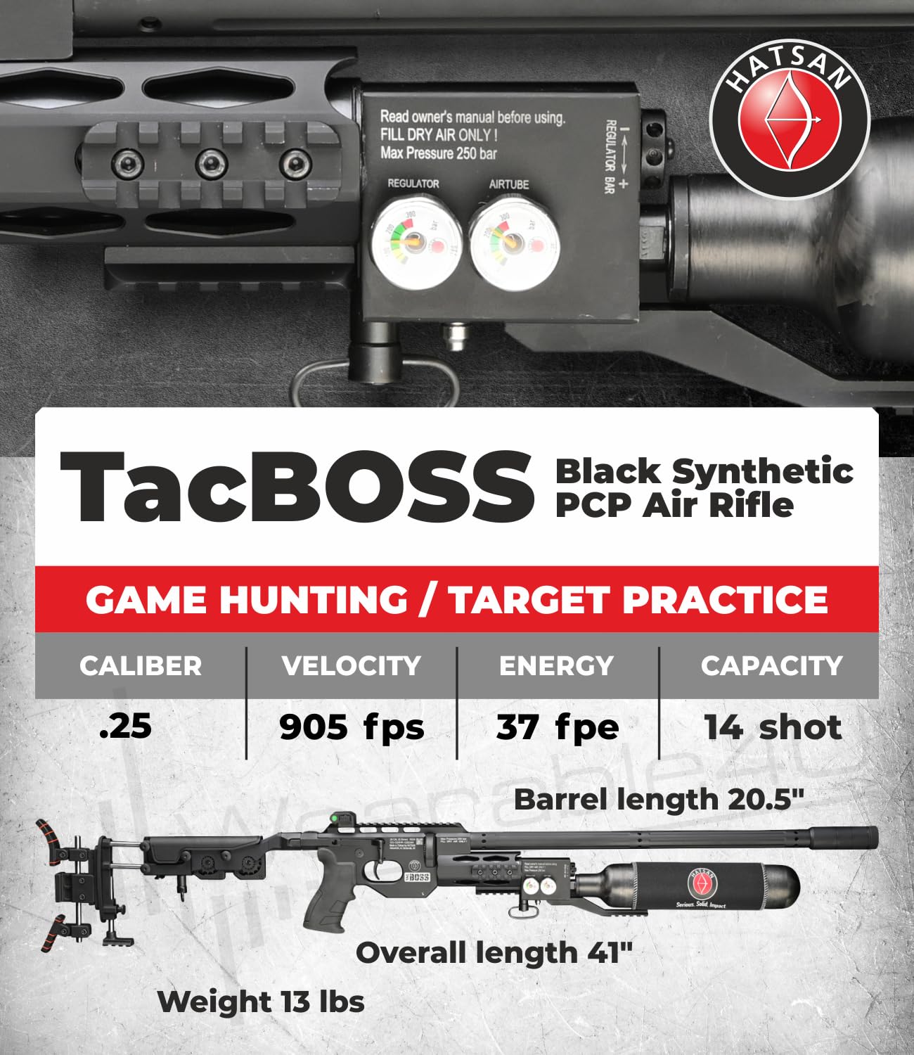 Hatsan TacBoss .25 Cal 905 FPS 37 FPE 14-Shot PCP Black Air Rifle, Side-Lever Action, 580cc Air Cylinder, Dual Pressure Gauges, QE Technology w/ Wearable4U 150x .25cal Pellets & Scope w/Mounts Bundle