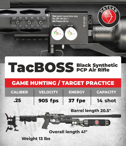 Hatsan TacBoss .25 Cal 905 FPS 37 FPE 14-Shot PCP Black Air Rifle, Side-Lever Action, 580cc Air Cylinder, Dual Pressure Gauges, QE Technology w/ Wearable4U 150x .25cal Pellets & Scope w/Mounts Bundle