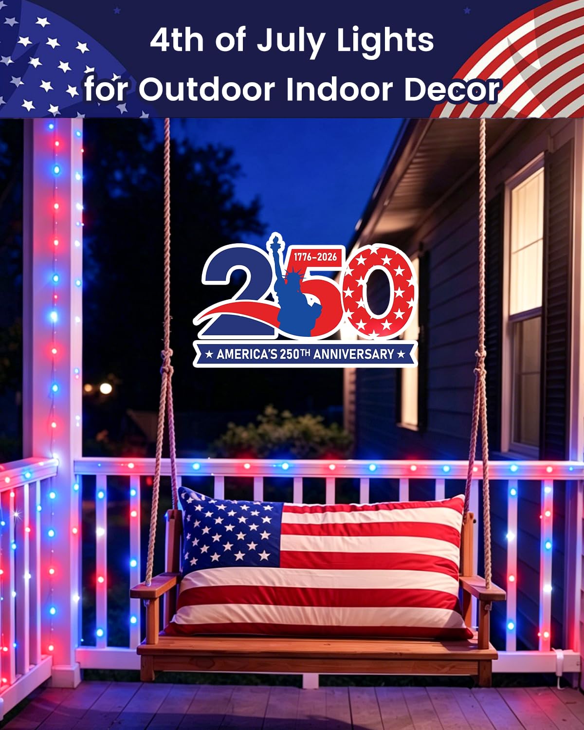 4 Pack 20FT 60LED Red White and Blue Battery Operated Fairy Lights with Timer, 4th of July Battery String Lights Waterproof Outdoor Indoor, Battery Twinkle Lights Independence Day Memorial Day Decor
