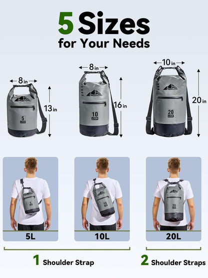 HEETA Waterproof Dry Bag with Front Zippered Pocket for Women Men, Roll Top Lightweight Dry Storage Bag Backpack for Travel, Kayaking, Boating, Rafting, Camping, Hiking & Beach (Grey, 5L)