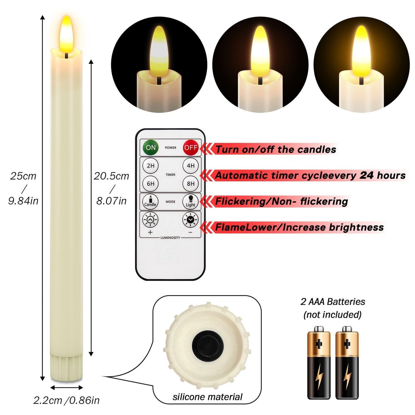 HL Flameless Taper Candles with Remote Timer, 450H+ Battery Operated LED Candlesticks, Warm 3D Flickering Flame, 9.6" Window Sticks Candles for Halloween Christmas Home Decor（Ivory 6PCS）
